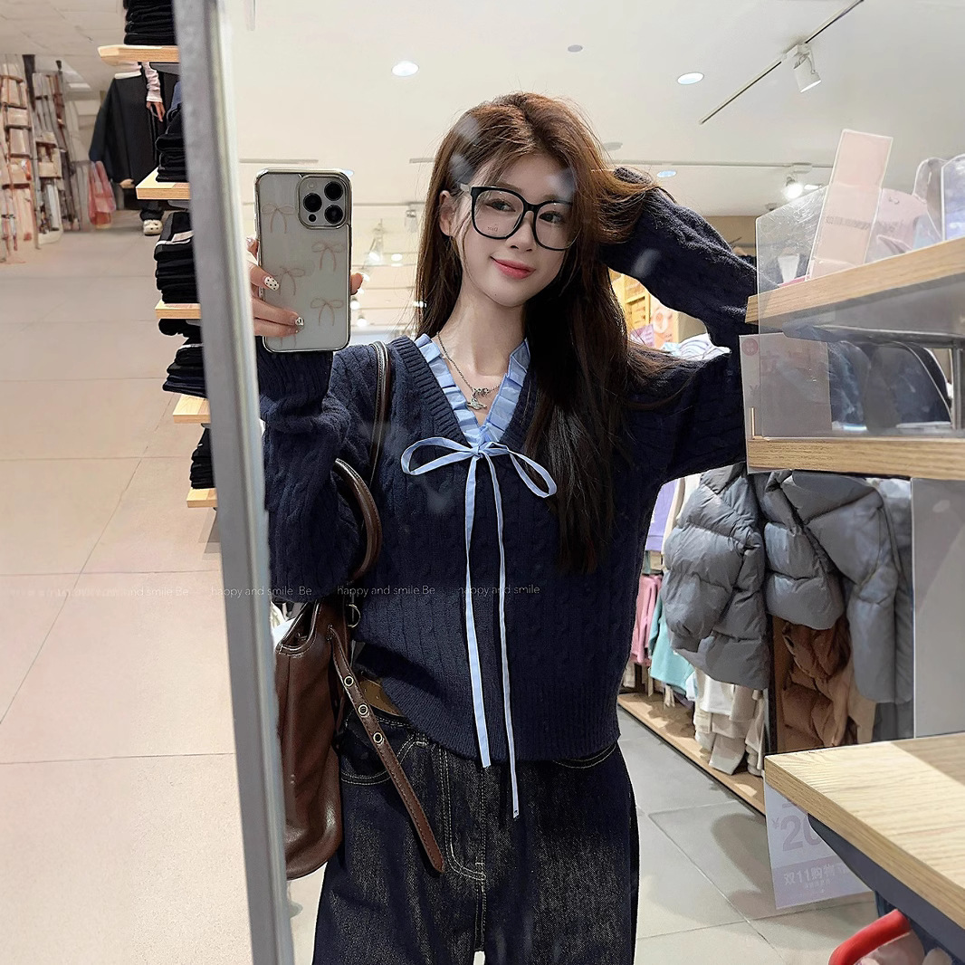 韩系学院风设计感假两件长袖毛衣针织衫女冬季蓝色温柔风修身上衣