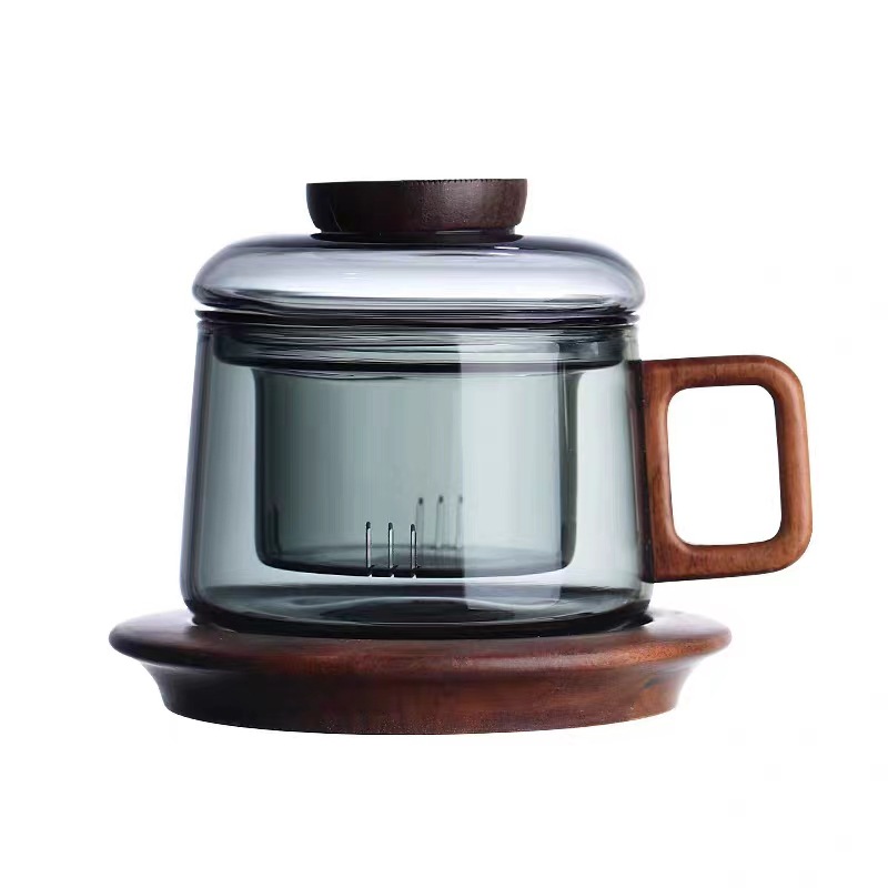 Wholesale glass Dwen Dwen cup, small-capacity, tea-water separation integrated three-piece cup, wooden handle, smoky gray tea cup, double-layer glass cup Item Picture