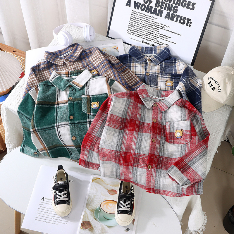 New Korean style children's shirts for autumn and winter: boys' lapel checked top, girls' casual cardigan, long-sleeved base layer