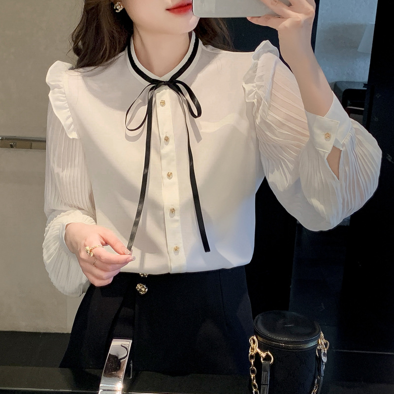 The new lace elegant shirt for ladies in the autumn of 2022 can be paired with a long-sleeved winter chic blouse and a beautiful chiffon top Specification image