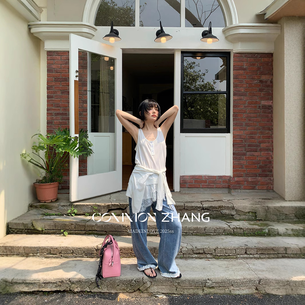 CZ ZHANG Summer Korean solid color slightly translucent sexy and versatile Tencel loose lace patchwork vest for women B23837