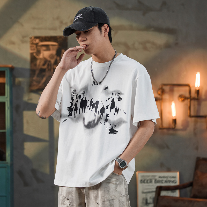 ALLIN 美式纯棉重磅短袖t恤男夏季复古水洗做旧宽松情侣半袖体恤