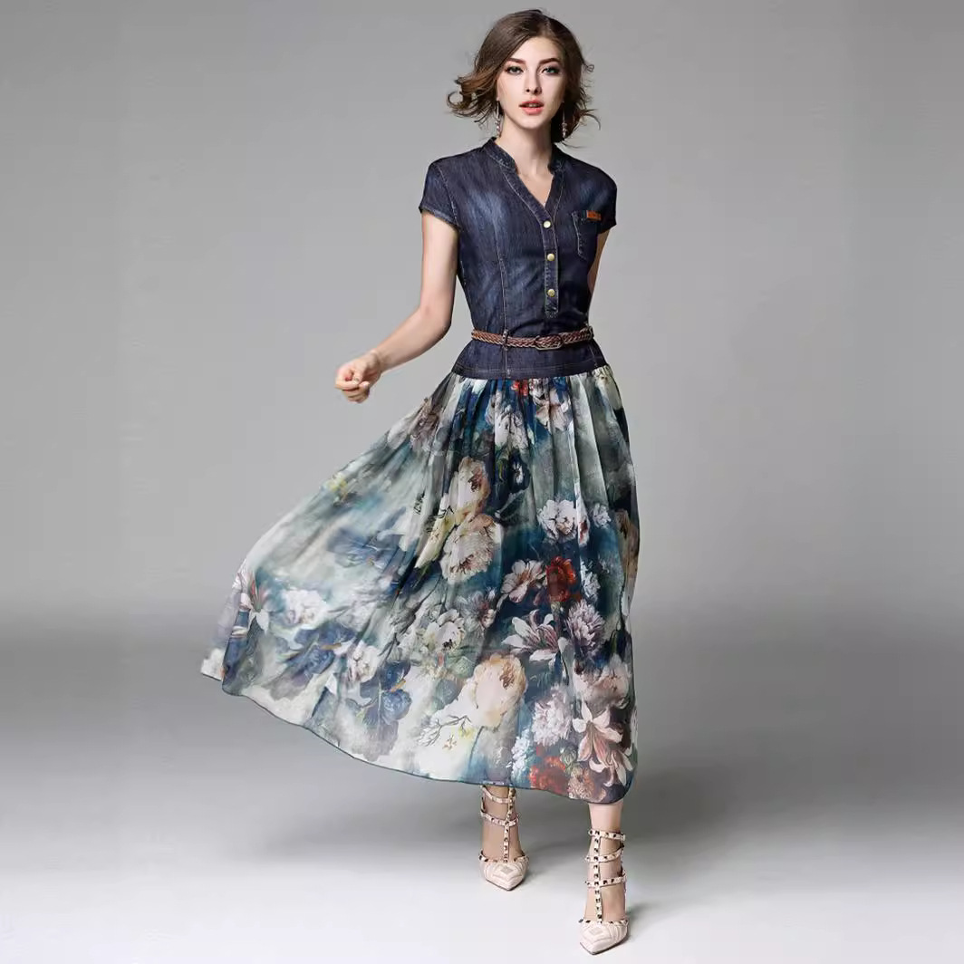 New cross-border European and American women's clothing Amazon dress for summer 2024, denim print V-neck slimming midlength dress Specification image