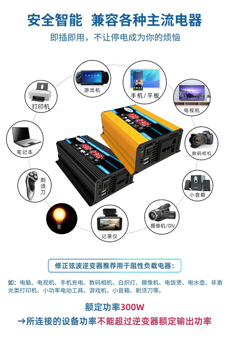 Cross-border bestseller inverter 12V-220V/110V300W portable with dual USB for car and home use and display screen pic 28