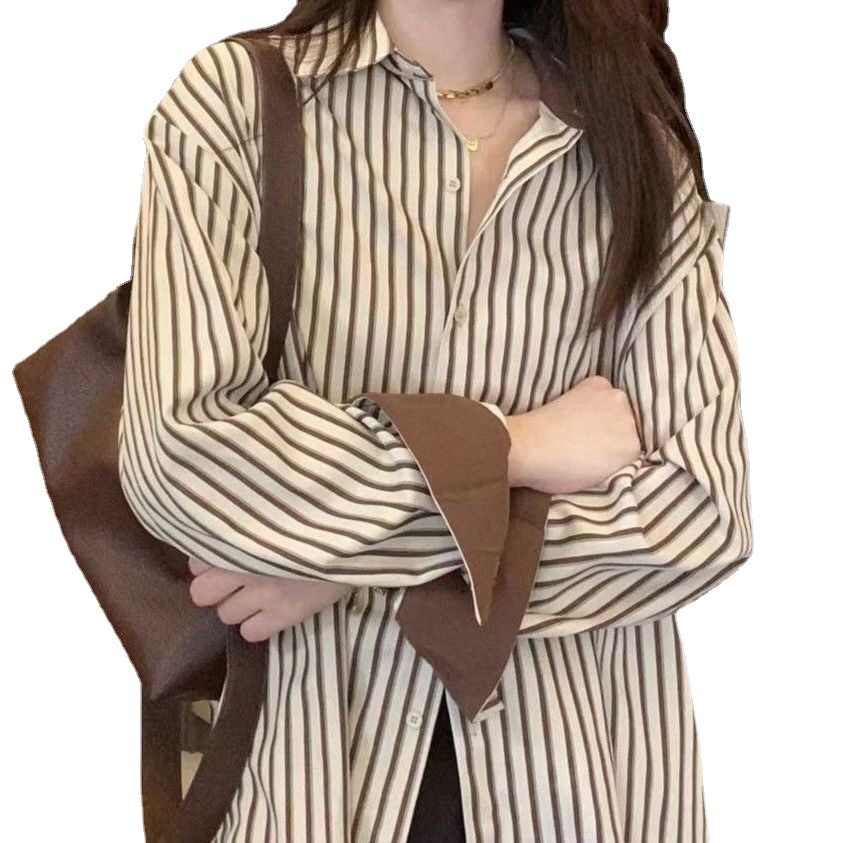 The new vertical striped shirt for women in the early spring of 2023 features a long-sleeved design with a unique and retro Hong Kong-style layering Item Picture