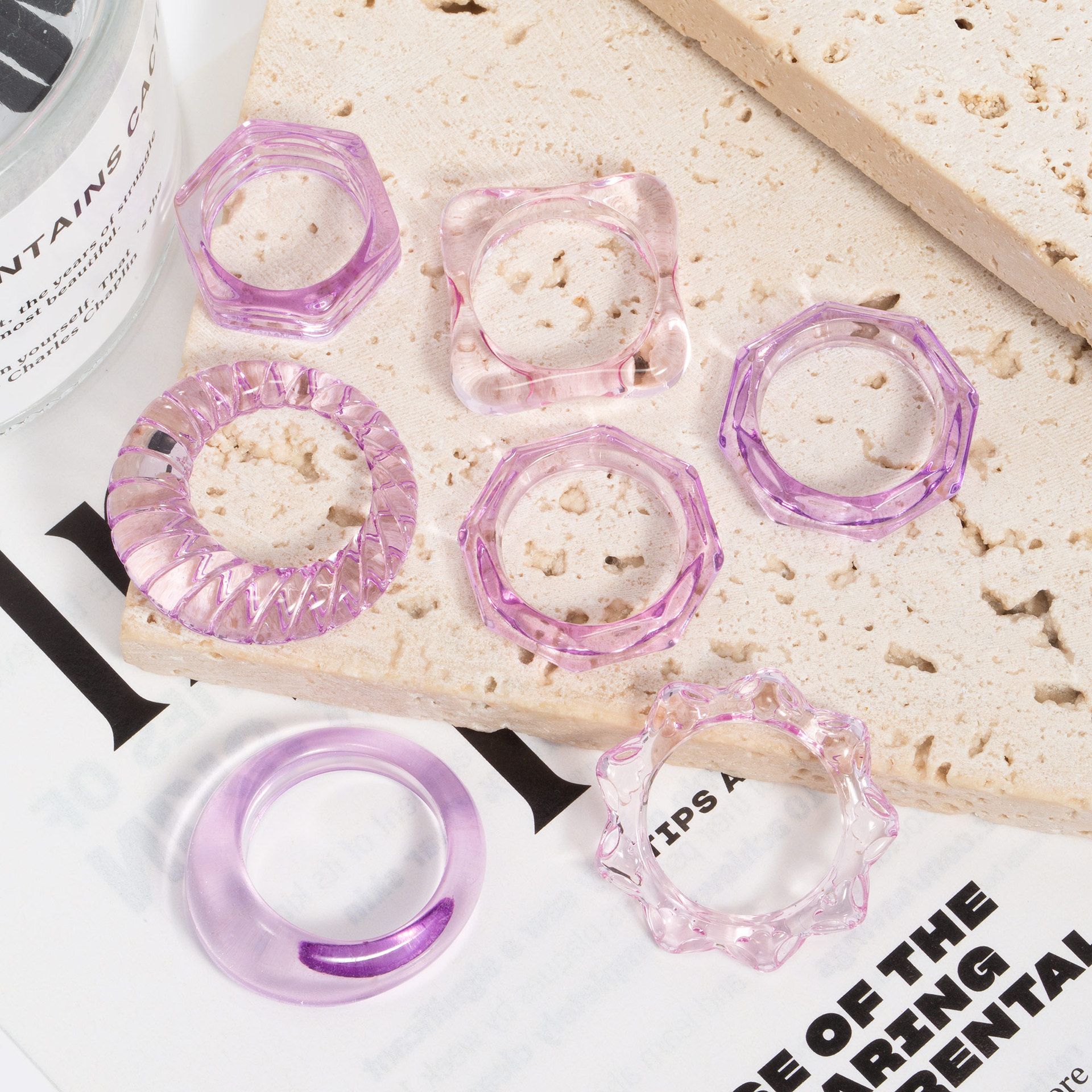 Amazon European and American niche square retro geometric polygonal rings, purple semi-transparent resin jewelry for women wholesale details Picture