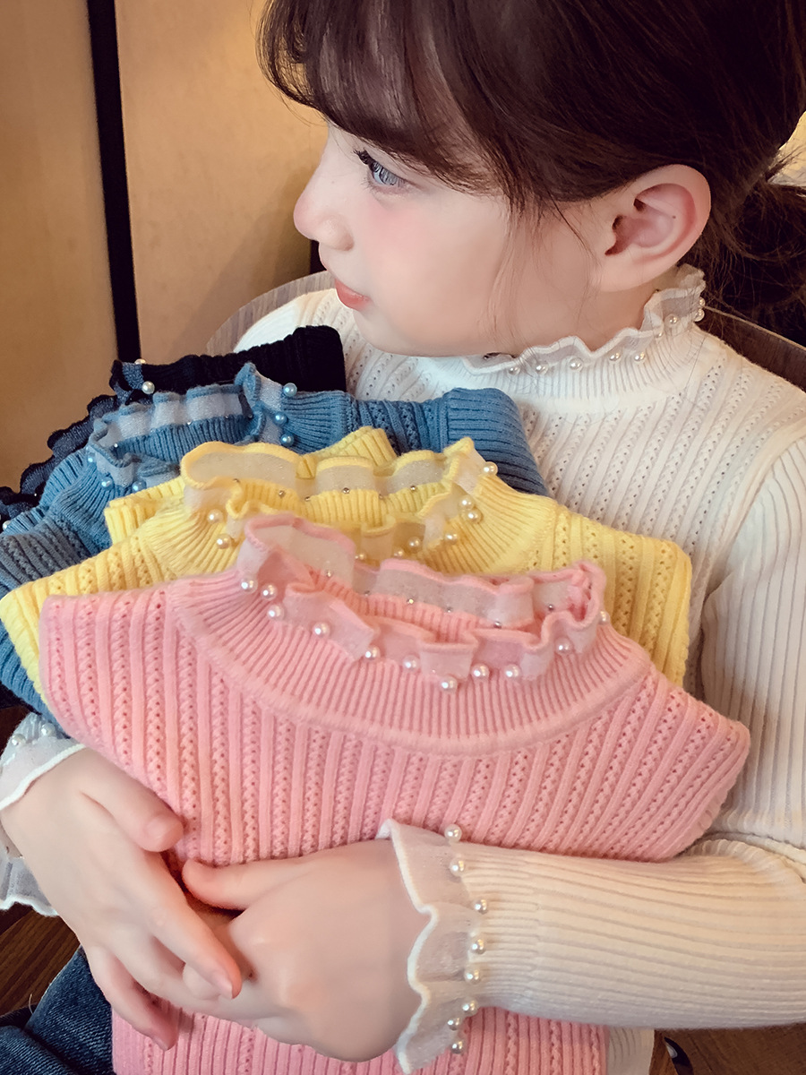 女童毛衣秋装2023新款洋气儿童蕾丝公主上衣女孩半高领针织打底衫