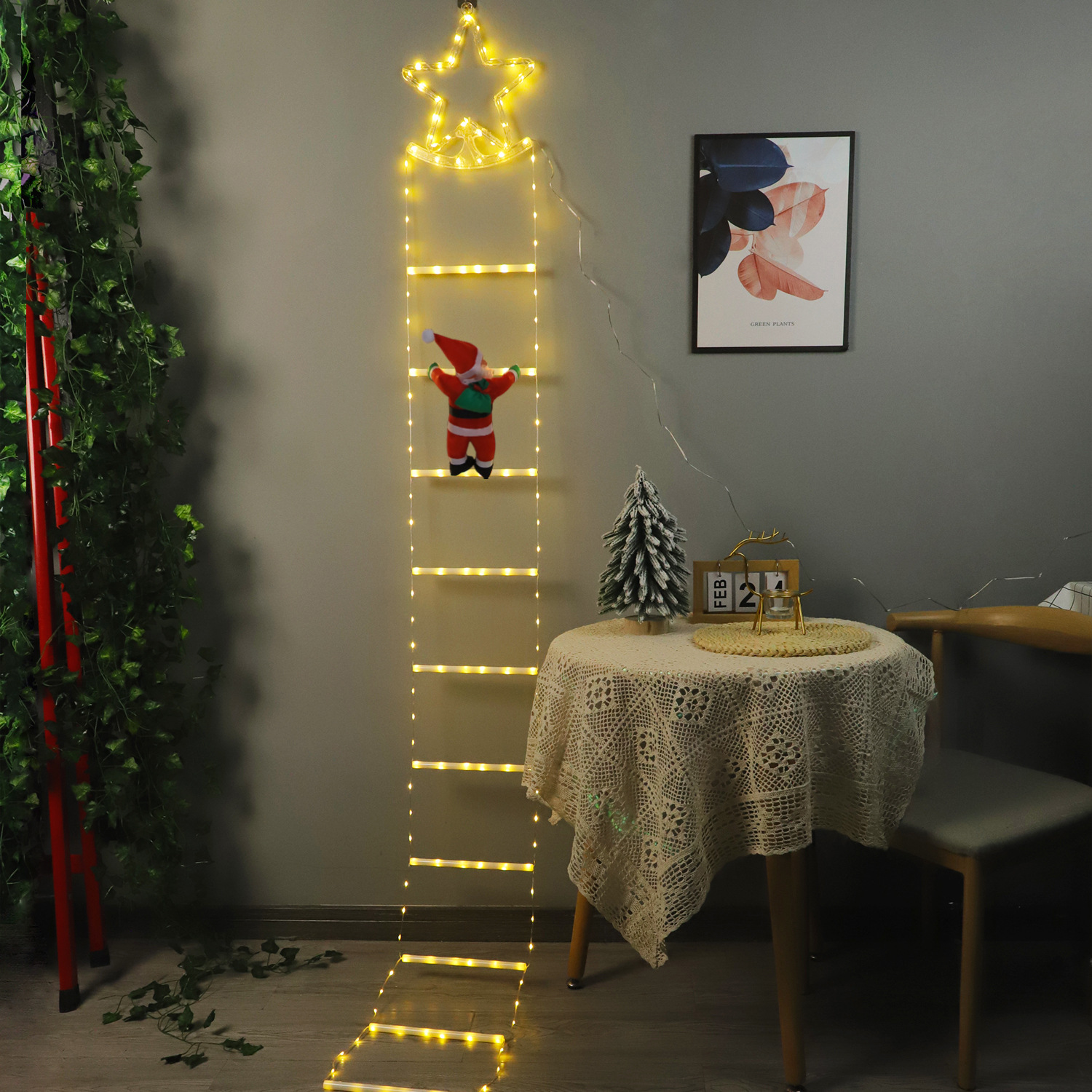 New star staircase light, Santa Claus ladder light, string five-pointed star outdoor waterproof holiday decorative ladder color light details Picture
