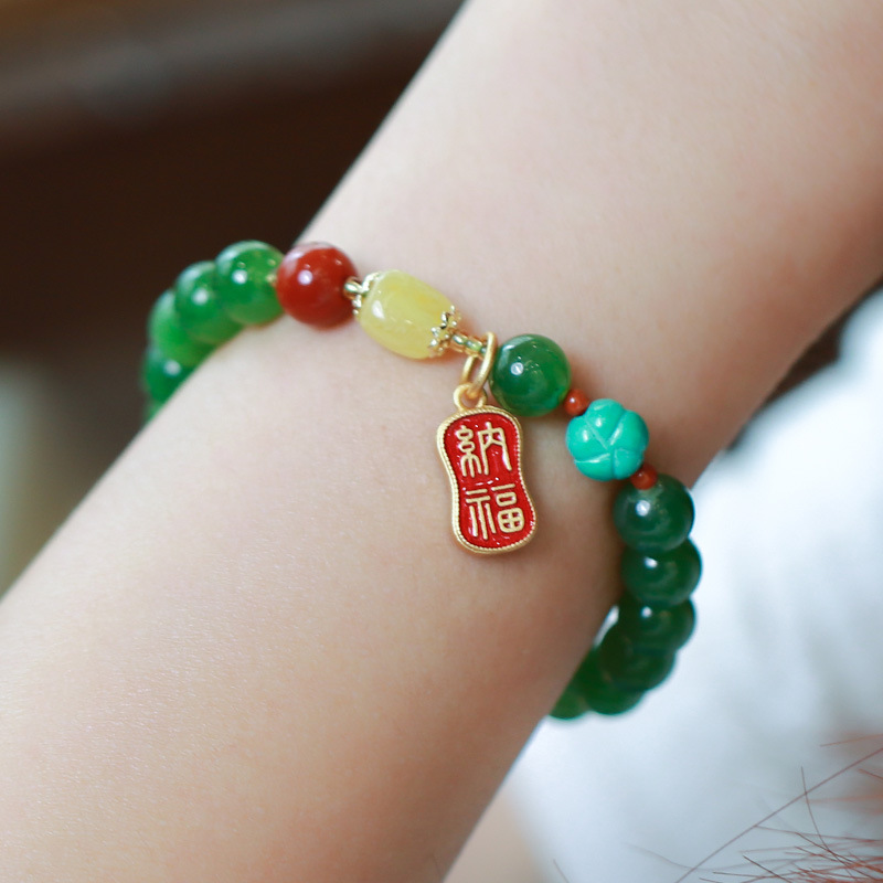 Natural 8MM jadeite round beads, turquoise bracelet, hanging blessing brand, beeswax, shaped South red accessory jewelry, women's wholesale