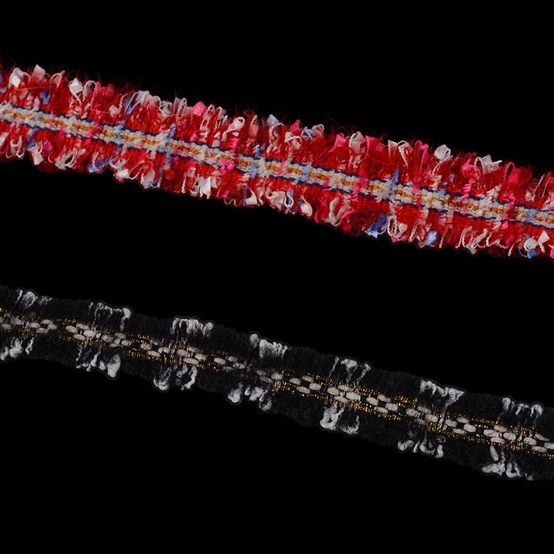 In stock: colored ribbon clothing accessories, coat, front opening, sleeve opening, gold thread lace webbing, colored double-sided fringed webbing details Picture