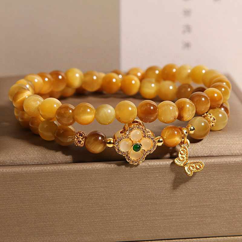 A natural gold tiger's eye double-ring bracelet for women, a light luxury, niche and exquisite four-leaf clover crystal bracelet as a gift for your best friend Specification image