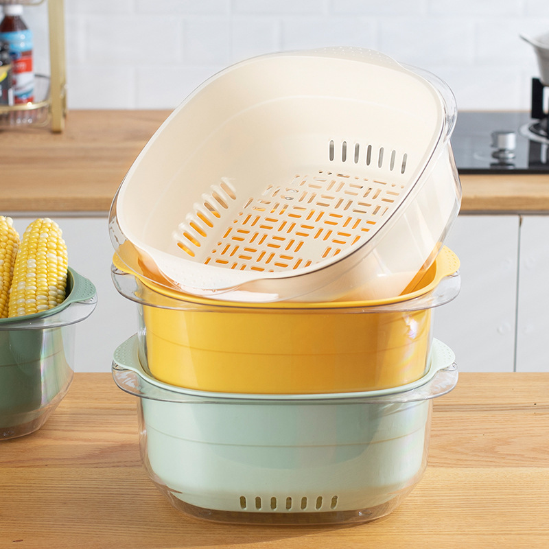 PET双层沥水篮水果篮洗菜盆家用厨房收纳篮透明塑料加厚洗菜篮产品图