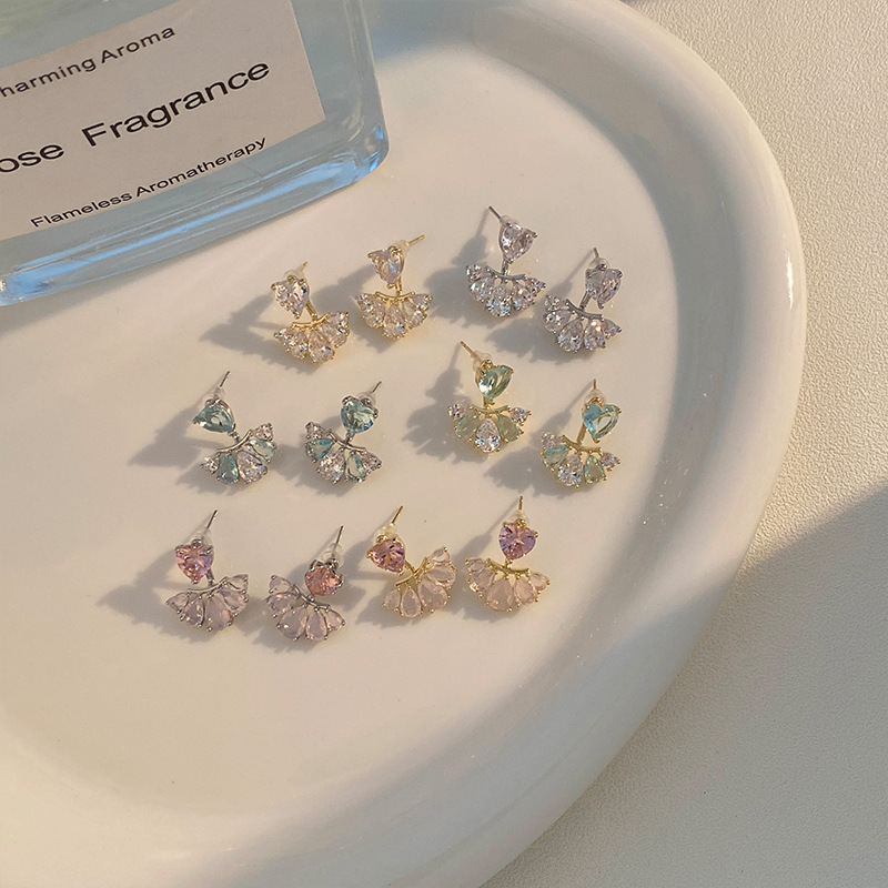 新款时尚耳环银针爱心前后扇形精致设计感百搭简约超闪甜美清新女清冷超闪古风甜酷女D复古浅米E10411ABC耳饰长款森系