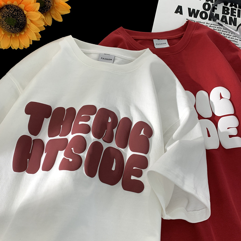 Hong Kong-style summer foamed letter short-sleeved T-shirt, loose and heavy 260-gram, American style versatile half-sleeved with trendy print for both men and women Specification image