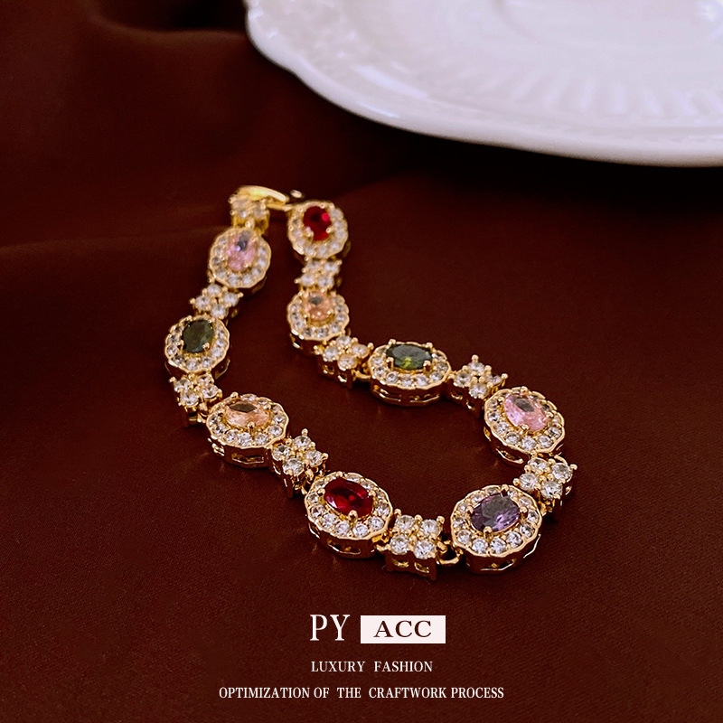 18k real gold electroplated zircon oval clasp bracelet, European and American ins retro light luxury bracelet, high-end jewelry wholesale