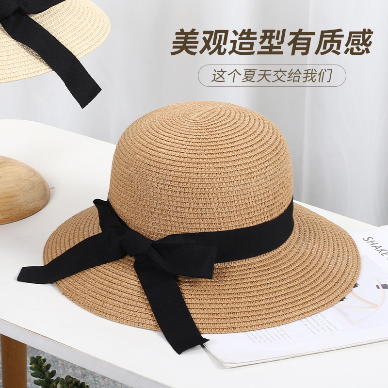 Summer sun protection women's flat top hat, knitted flat brim bow beach hat, outdoor breathable and sunshade straw hat wholesale Specification image