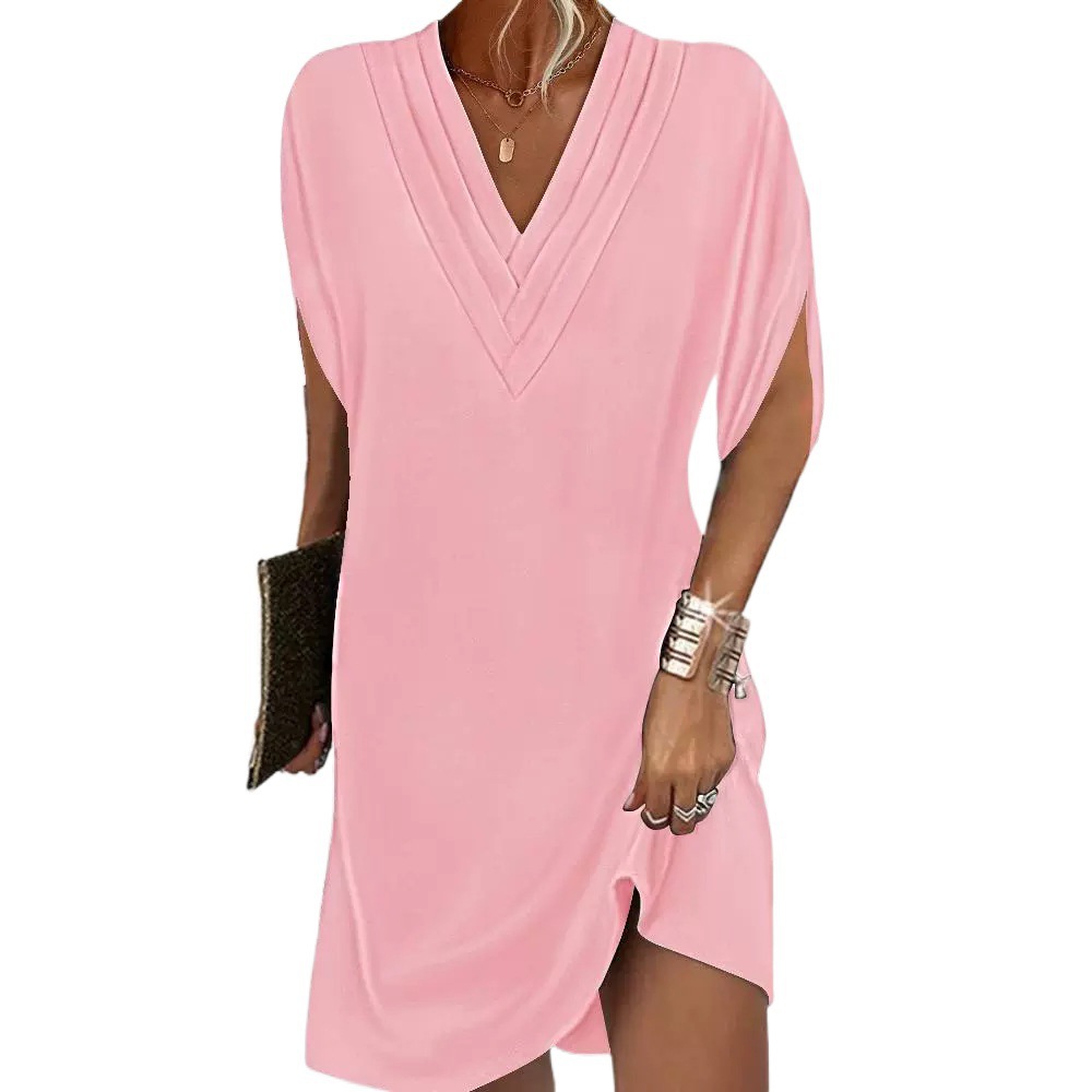 Cross-border in-stock 2025 new women's Spring/summer V-neck pleated batsleeve dress from Amazon in Europe and America Item Picture
