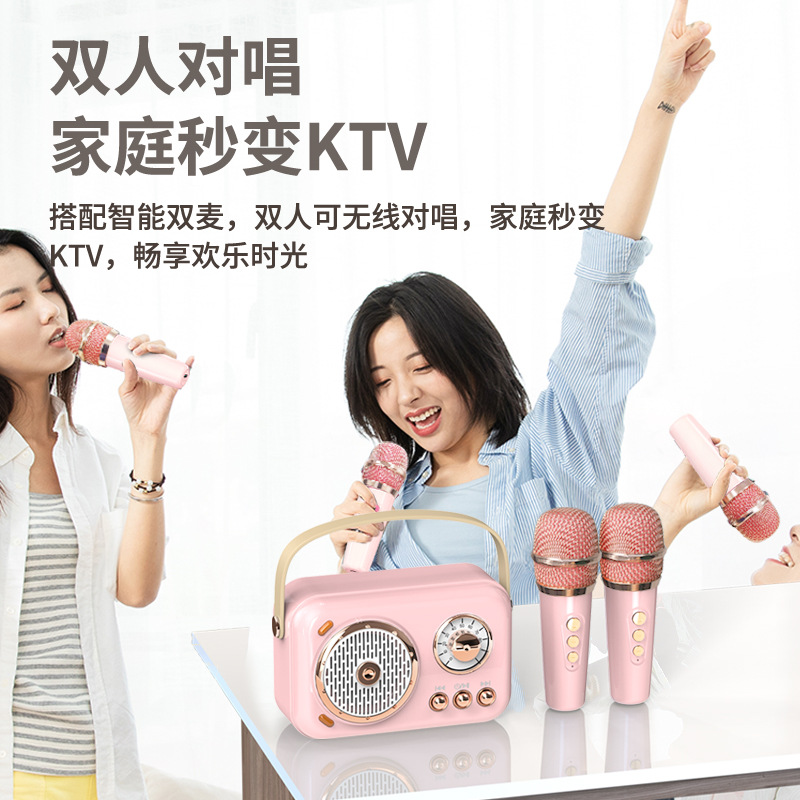 B152蓝牙音响迷你无线家用唱K歌一体麦克风双话筒音箱家庭KTV套装