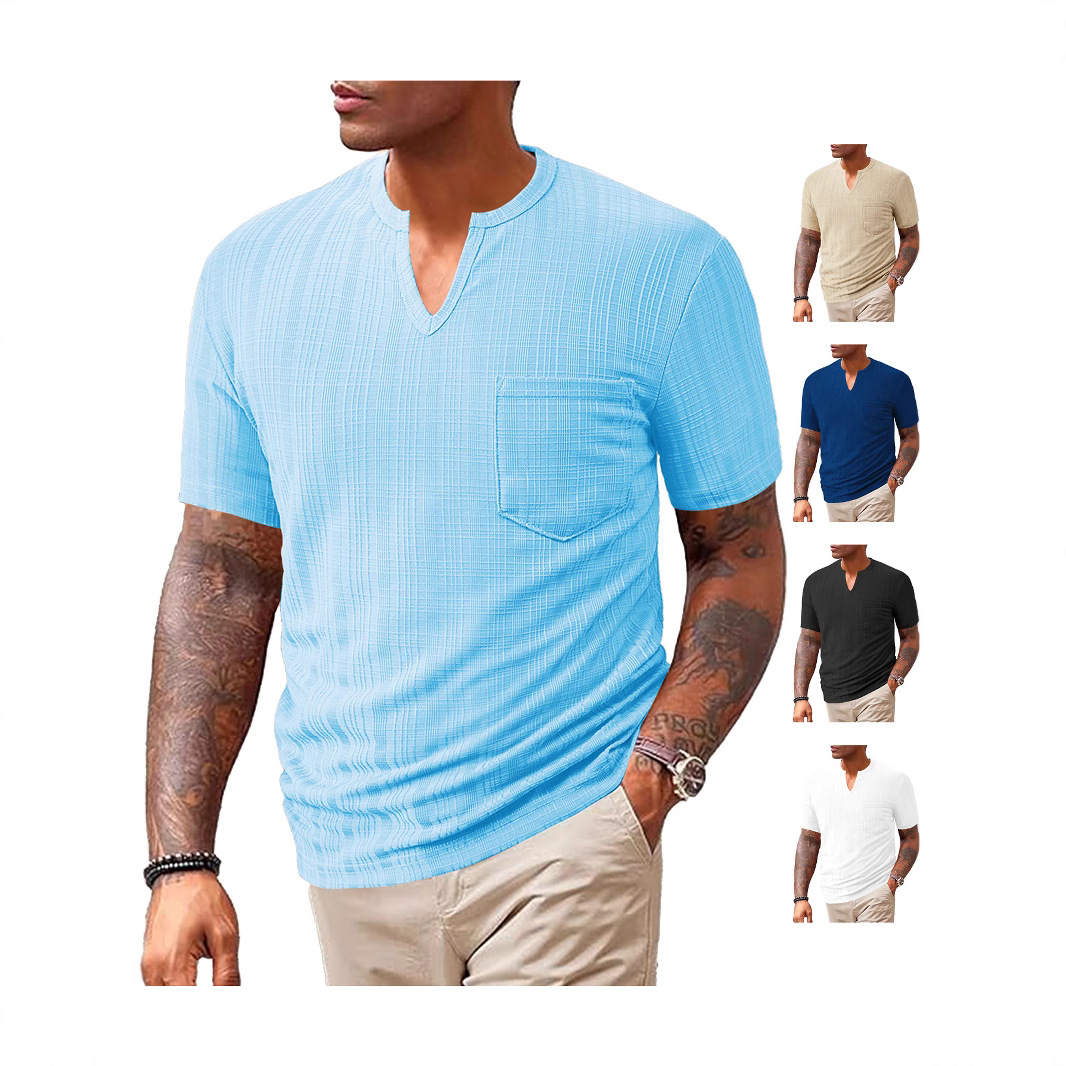25 años cross border ropa de hombre europa y Estados Unidos verano nuevo deporte casual holgado color sólido 100% poliéster imitación de lino cuello V hombres manga corta Item Picture
