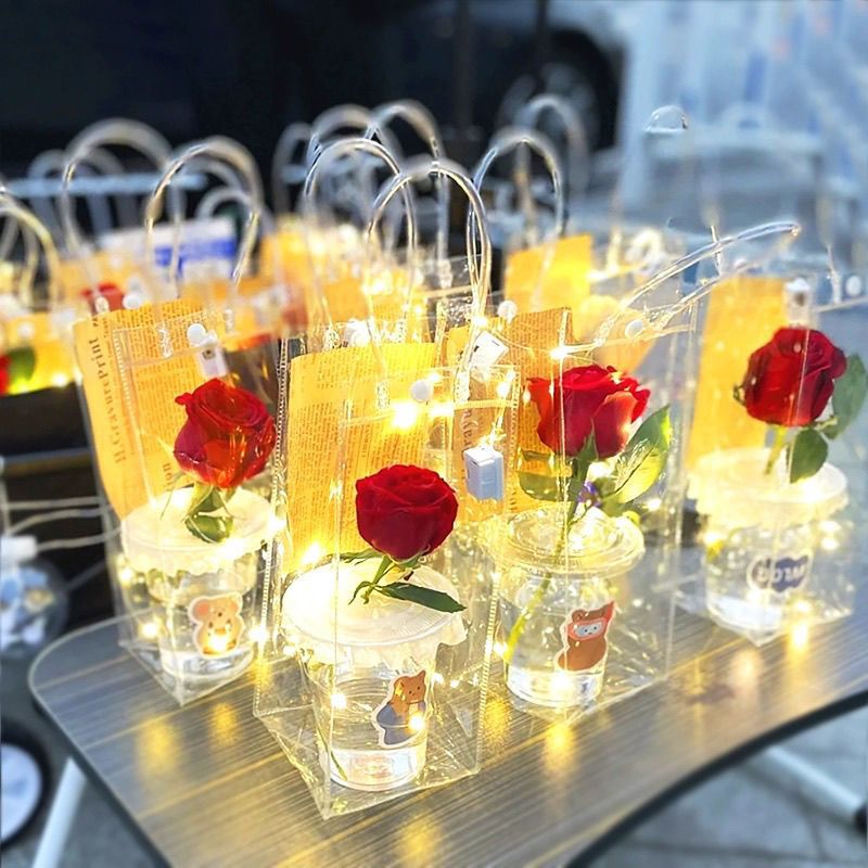 pvc transparent flower tote bags for 520 confession Valentine's Day, popular cup flower packaging plastic packing bags Application Scenario