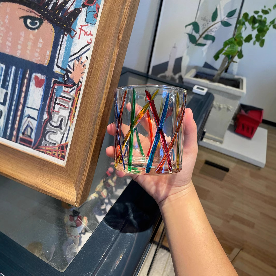 Painted glass cups, irregular water cups with colored blocks, cold drink juice cups, summer household rainbow drinking cups details Picture