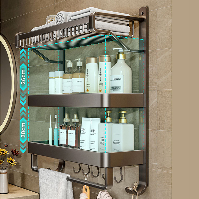 Integrated bathroom storage rack without drilling, wall-mounted bathroom, toilet and bathroom set, space aluminum bath towel rack and storage rack Specification image