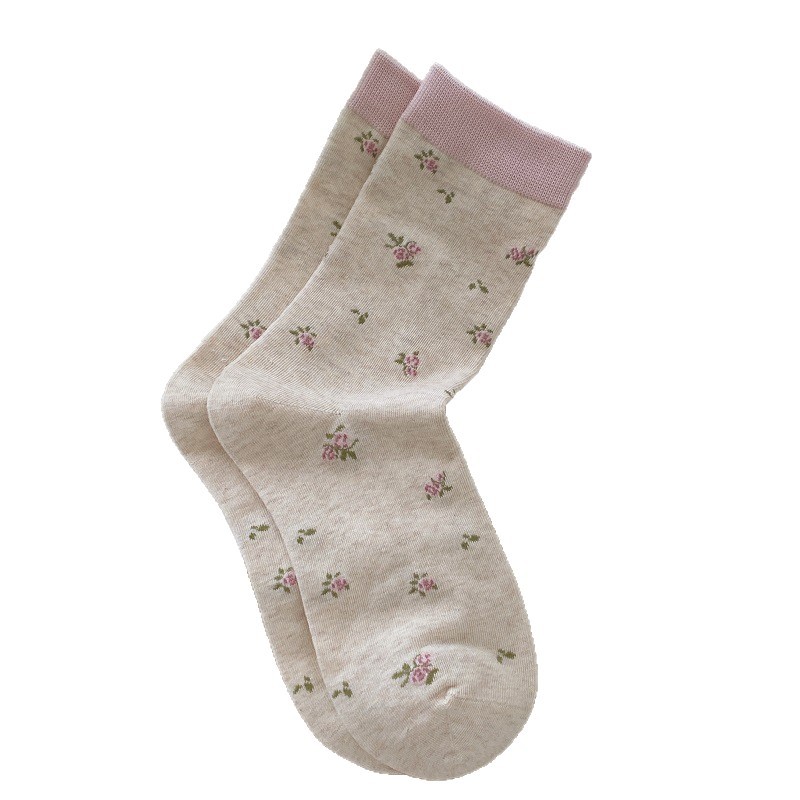 Sweet style Korean small floral socks for women, Japanese-style versatile mid-calf socks, pinkish-brown boneless pile long socks for one-piece delivery at the sock stall Item Picture