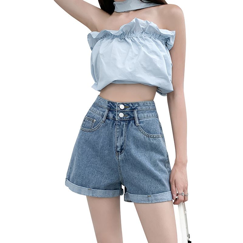 Double-button high-waisted denim shorts 2022 Summer new style Loose rolled A-line wide-leg slimming denim shorts for women Item Picture