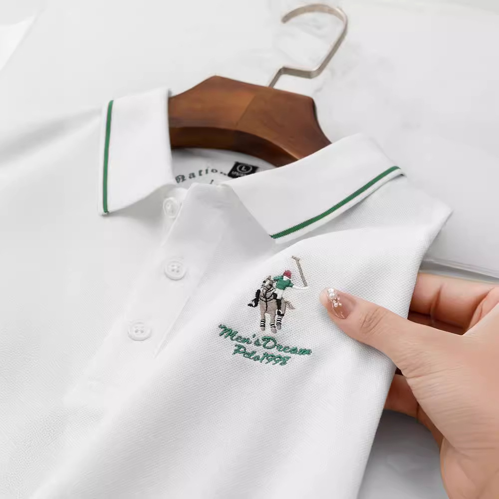 A new summer in-stock lapel embroidered breathable solid color short-sleeved casual daily middle-aged business polo shirt for men details Picture