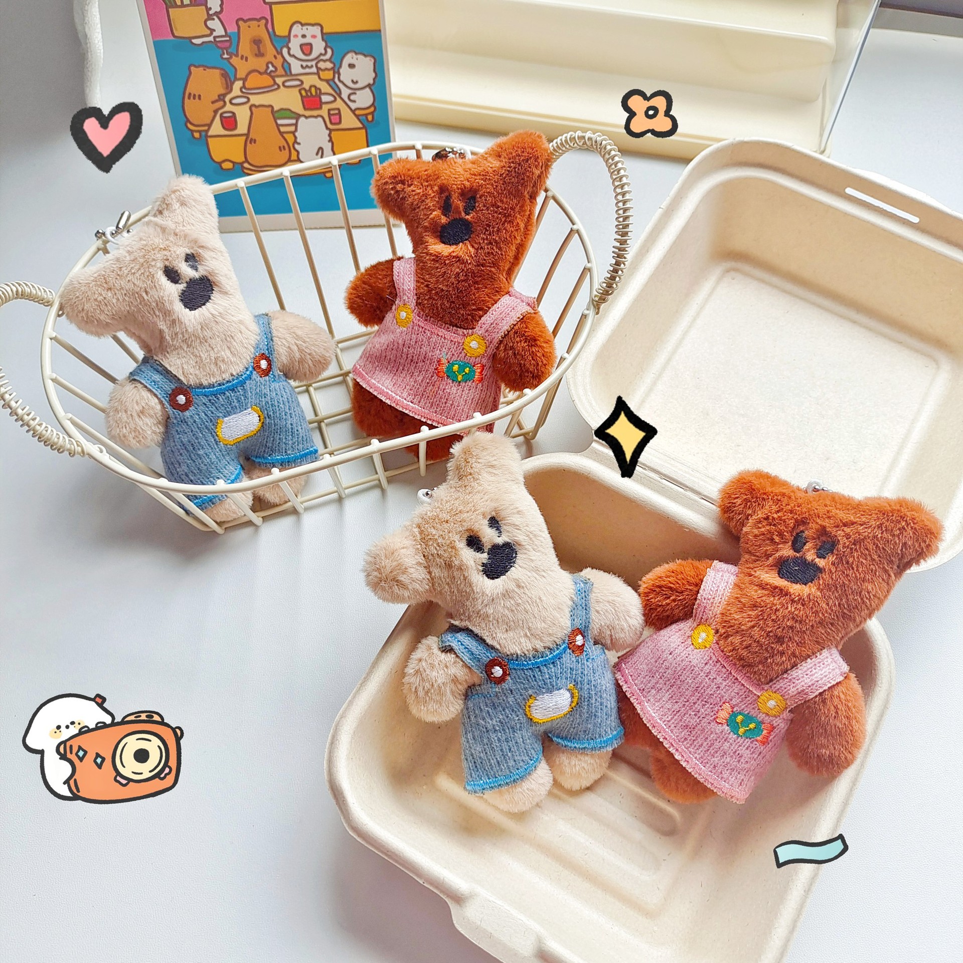 Finished trendy toy figurines, Bean Bear pendants, clothes to wear, plush handcrafted dolls, bear couple style bags, cute pendants details Picture