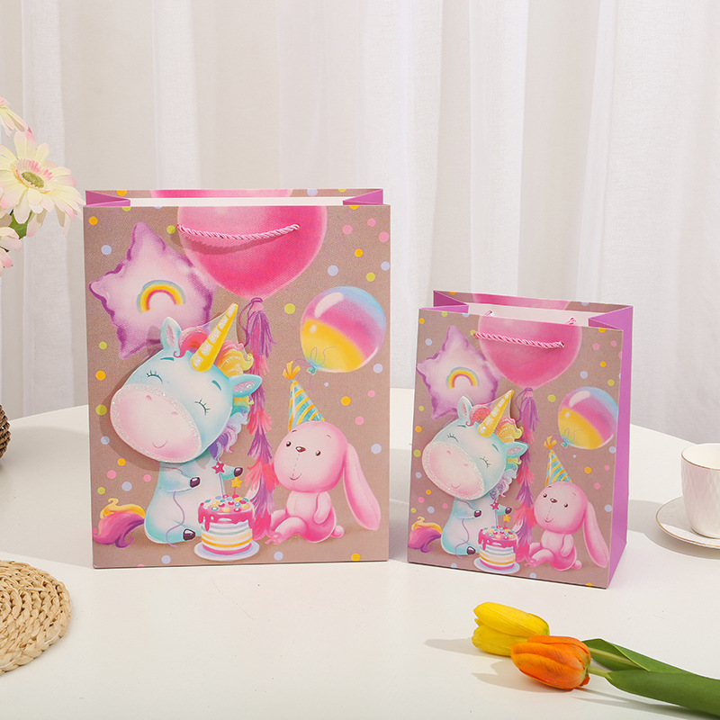Cartoon Cute Unicorn 3D Patch Powder Gift Bag Tote Bag Hot Gold Paper Bag Birthday Gift With Gift South Application Scenario