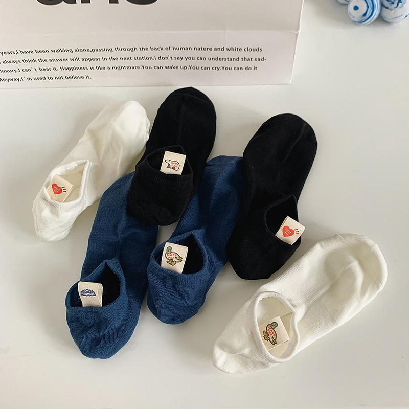 袜子地摊一件代发袜子女纯色春夏新款小熊后跟布标船袜低帮浅口短筒黑白百搭批发一件代发