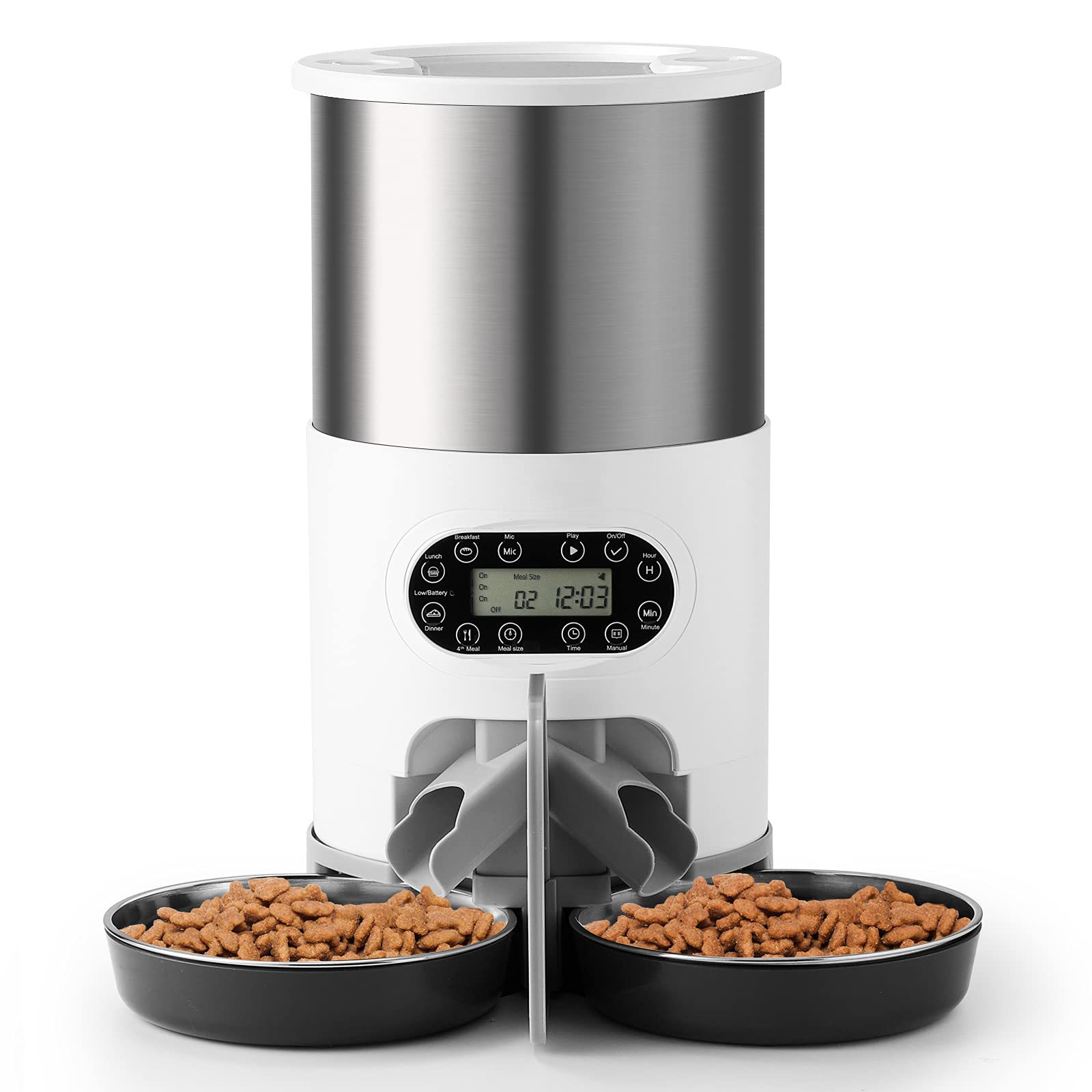 Circular stainless steel food storage bucket and basin pet automatic feeder, double steel food-grade 304 material intelligent food dispenser