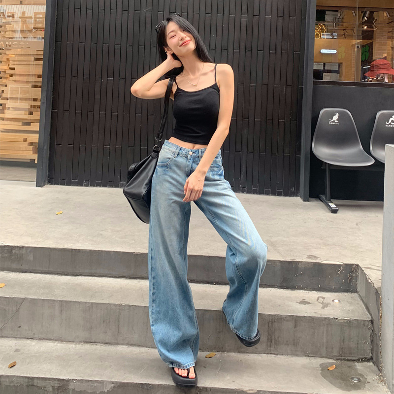 【 Jin Yin 】 Hong Kong-style retro washed blue denim wide-leg pants for women, loose and slimming straight floor-length pants Application Scenario