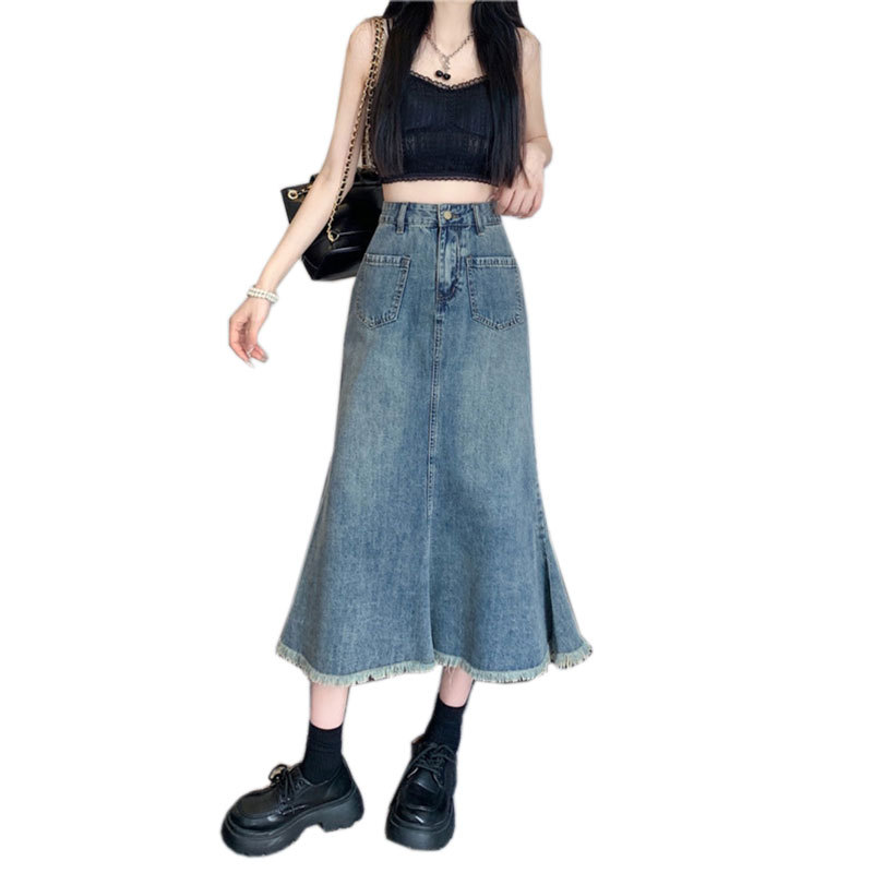 Raw Edge Denim Skirt Skirt Skirt Female Summer Ins Style Niche Retro High Fanny Pack Hip Skirt In Long A-Line Skirt Trend Item Picture