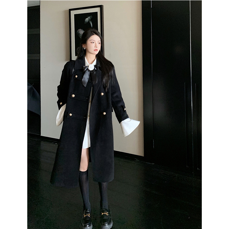 Hepburn style woolen coat for women, thick and loose mid-length woolen overcoat with a retro design sense, black top Application Scenario