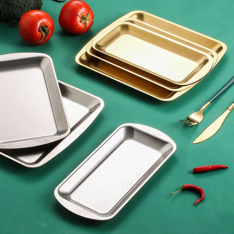 304 stainless steel square plate, household rectangular plate, hotel restaurant golden snack and pastry plate, barbecue and roast meat plate details Picture