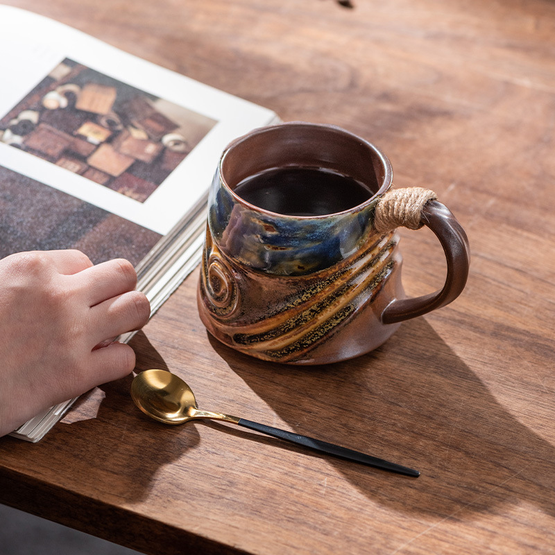 Japanese-style retro spiral hemp rope creative ceramic cups, office mugs, water cups, afternoon tea cups, coarse earthenware coffee cups details Picture