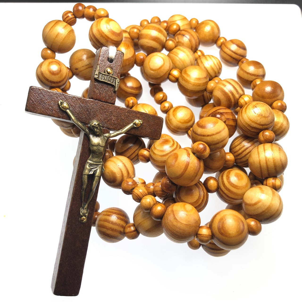 Giant WALL hanging beads, pine wood imitation olive wood cross necklace WALL ROSARY decoration details Picture