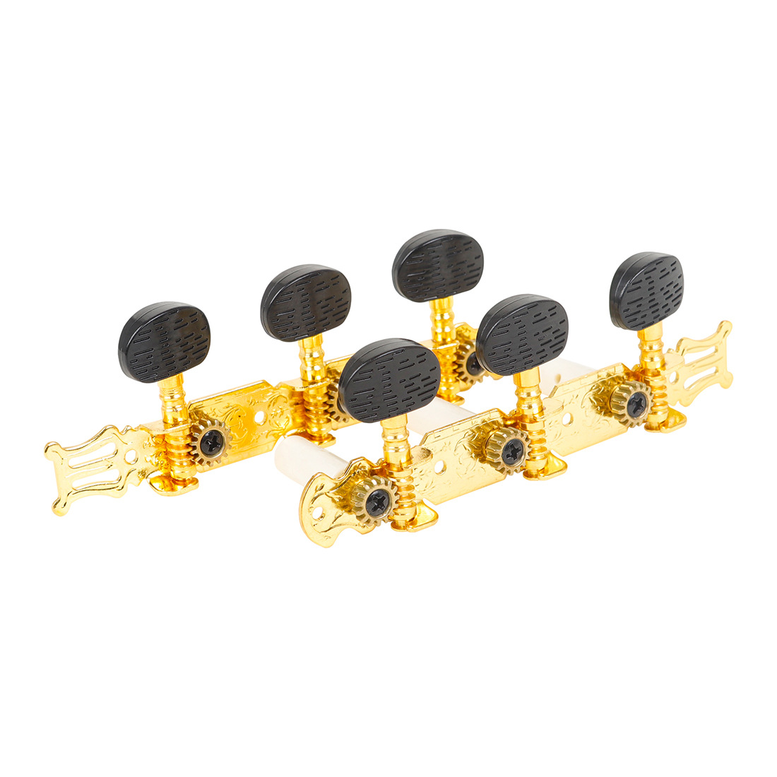 Black and gold open triple knobs for classical guitar, acoustic guitar knobs, string accuracy, guitar tuner, and string winder Specification image