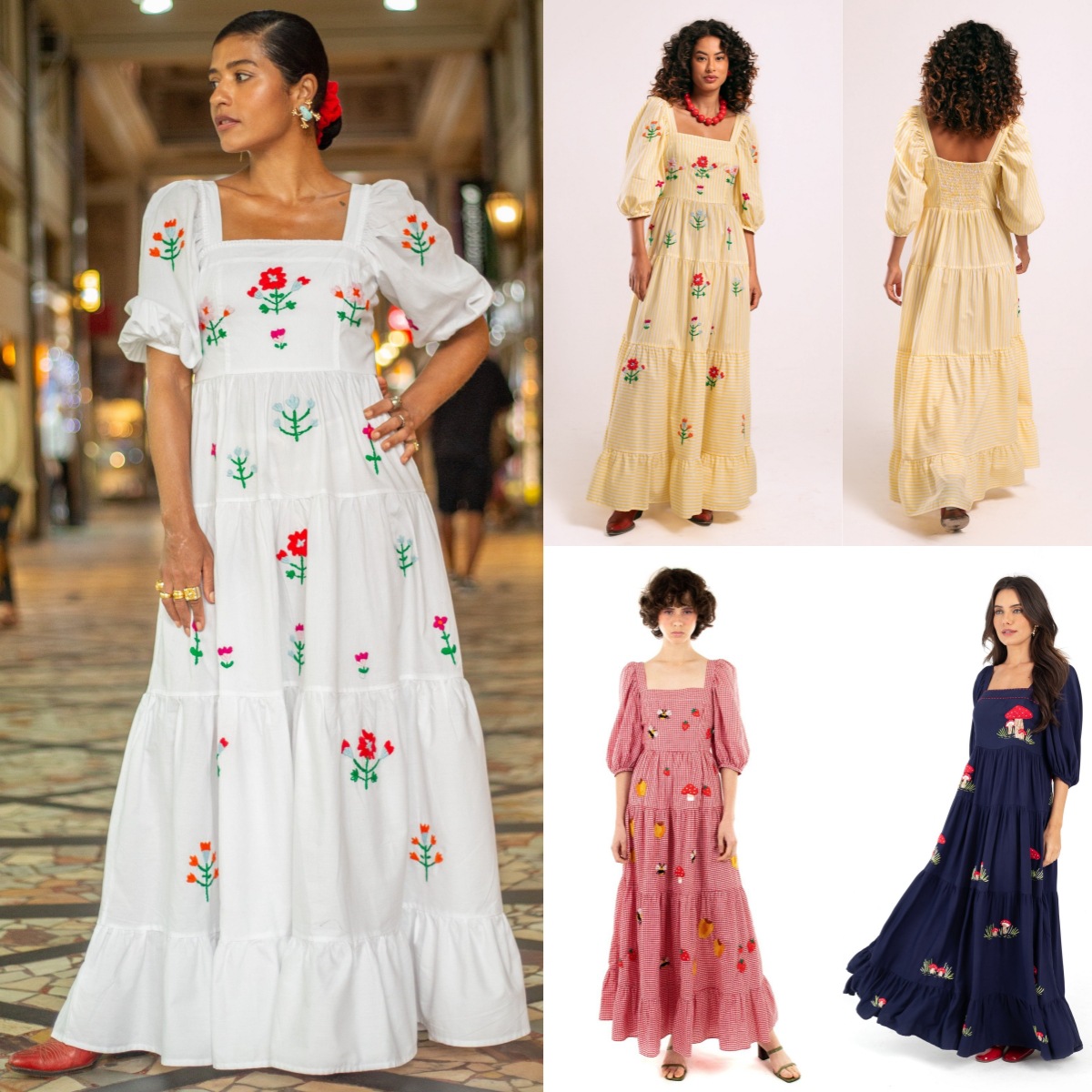 Amazon's new autumn collection of European and American style puffed-sleeve embroidered square collar long skirt beach vacation dress for women