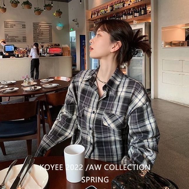 慵懒雅痞调调衬衫须须边短款格子衬衫女夏秋韩版宽松长袖衬衣女