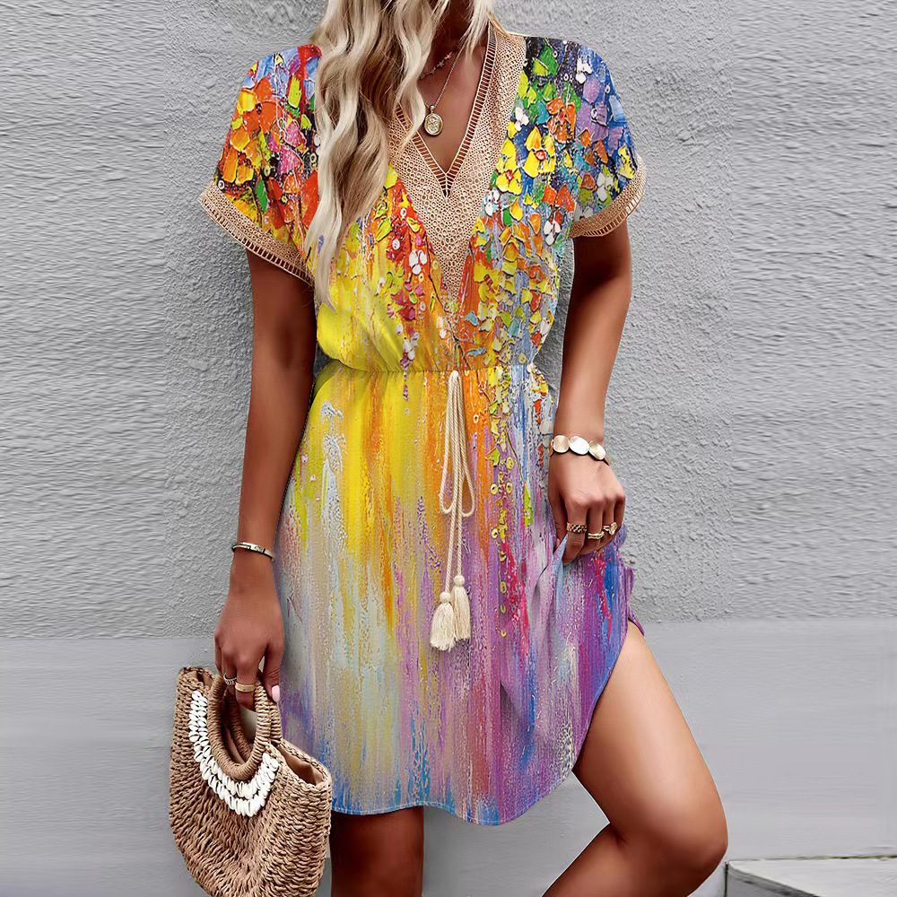Amazon's 2023 Spring/Summer new Spring/Summer printed short-sleeved lace V-neck cinched waist large swing dress for cross-border trade with Europe and America Application Scenario