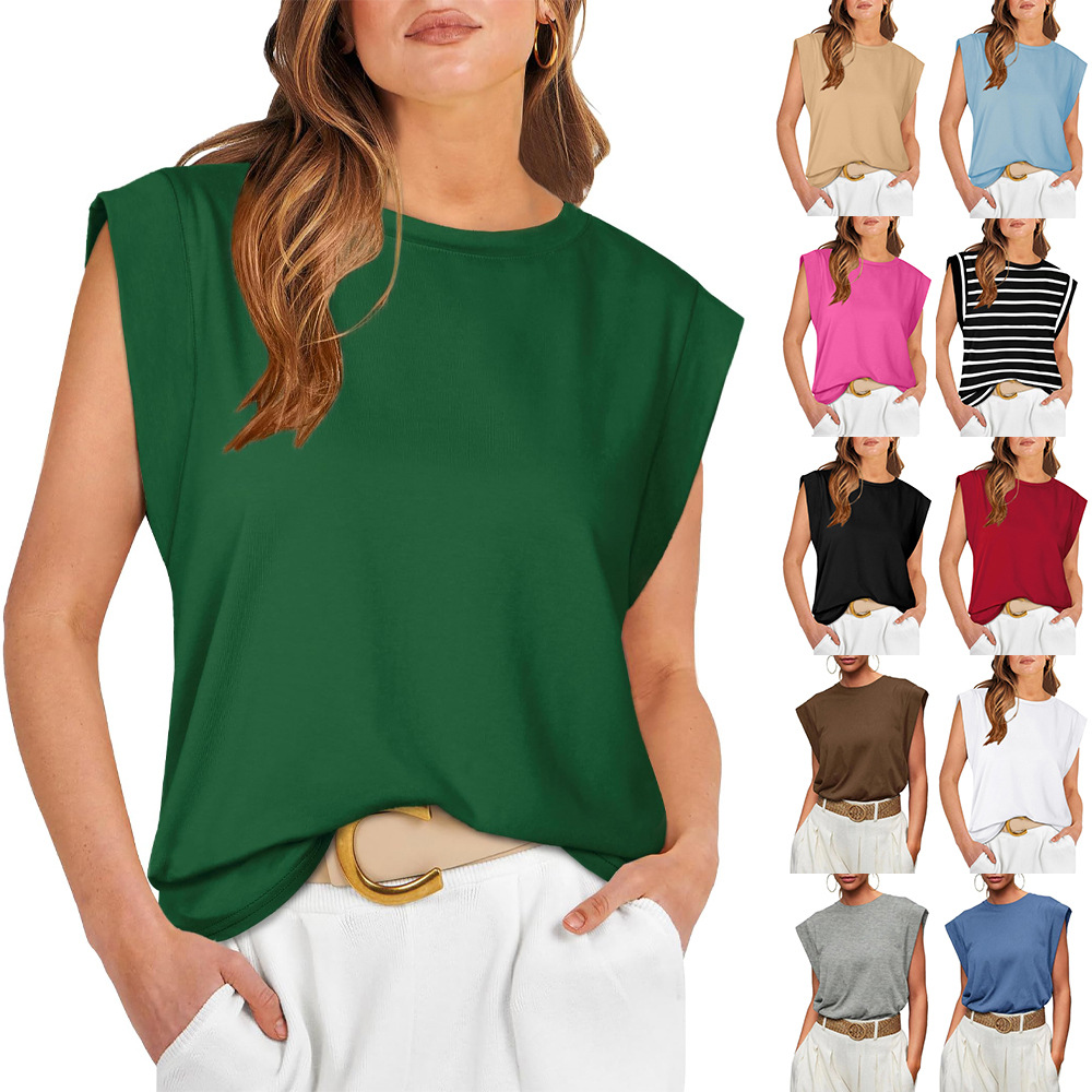 Amazon Europe and America Cross-border Trade 2025 Spring/Summer New Round Neck Loose short-sleeved T-shirt Striped top Women's vest