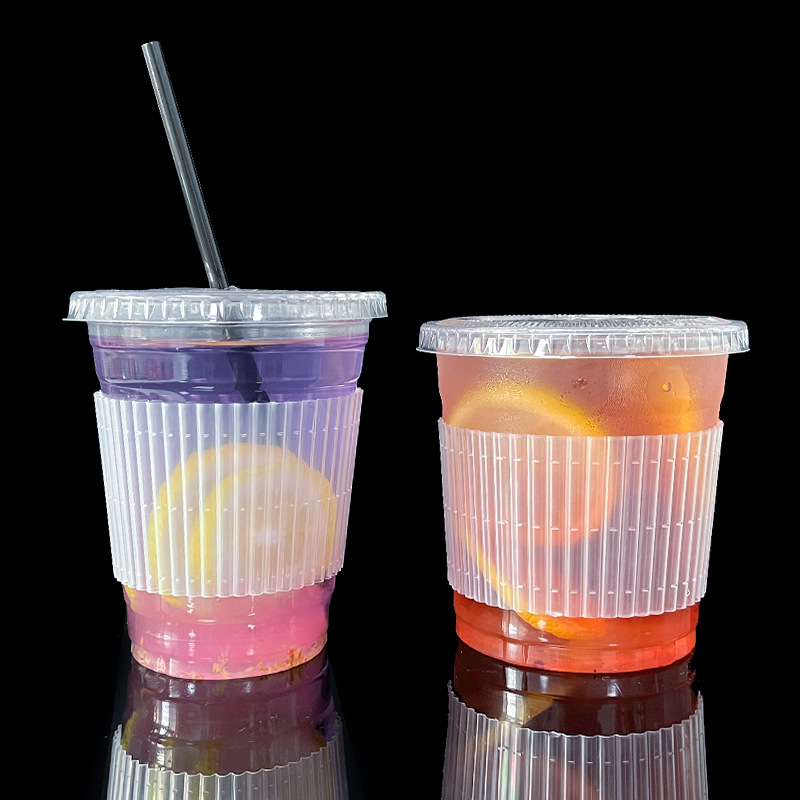 Plastic transparent cup sleeves, 98-diameter disposable 90 paper cups, milk tea cups, heat-insulated PET cold drink cups, Dudu cup sleeves details Picture