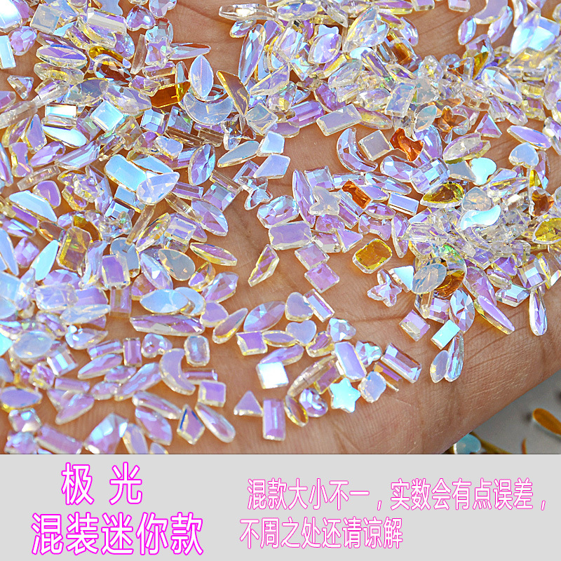 Mixed set of K9 glass super shiny mini irregular-shaped flat-bottomed diamond small white colored champagne nail drill nail accessories Specification image