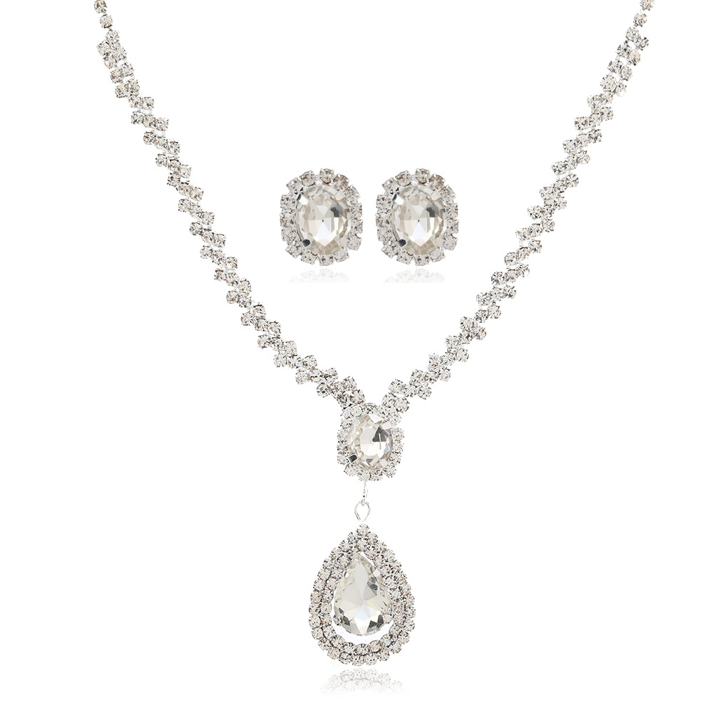New small commodity in stock, metal diamond-encrusted wedding bride jewelry set, two-piece set, necklace and earrings Item Picture