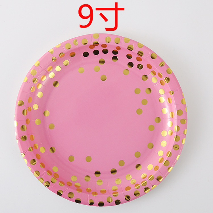 跨境烫金小圆点粉色餐具套餐纸杯纸盘纸巾刀叉勺一次性派对装饰详情图3