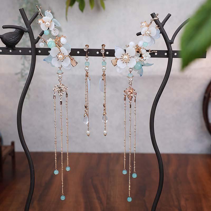 Ancient-style Hanfu hairpin earring set, court women's stepping tassel hair accessory, super fairy ancient costume earrings in stock wholesale, national trend series