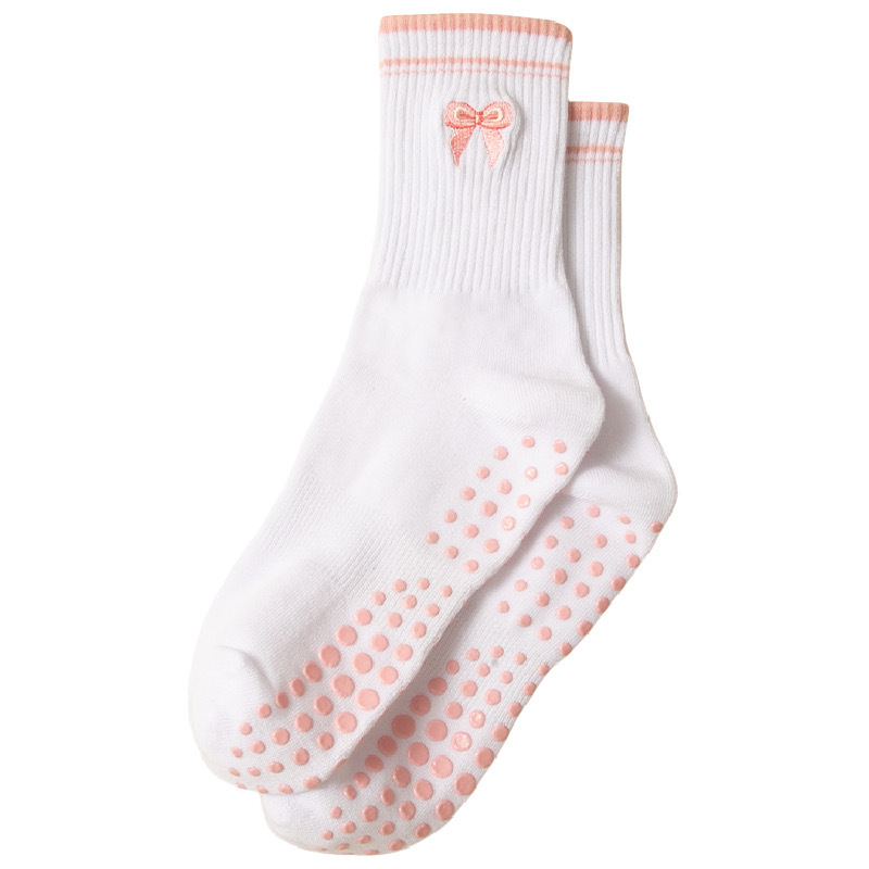 Sock stall, one-piece consignment, sports yoga socks, women's mid-calf socks, embroidered pink bow, silicone, professional anti-slip training Pilates socks, one-piece consignment